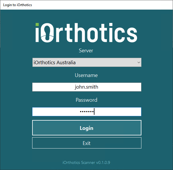 iOrthotics Scanner Login Screen